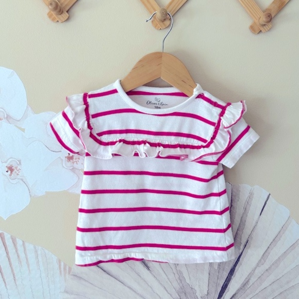 Oliver & Rain Organic Cotton Pink Stripe Ruffle Tee, 18M